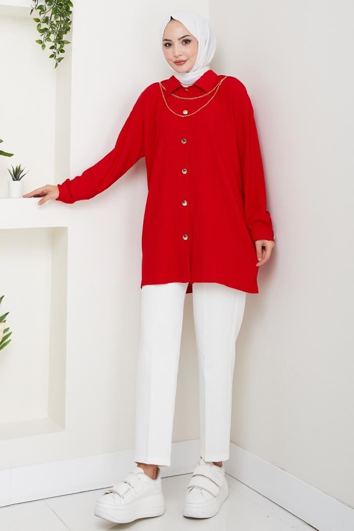Kolye Hediyeli Tesettür Gömlek 530 - Kırmızı