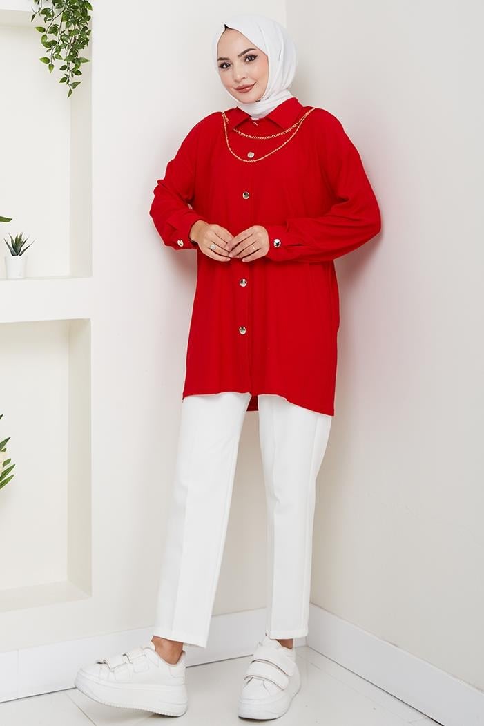 Kolye Hediyeli Tesettür Gömlek 530 - Kırmızı