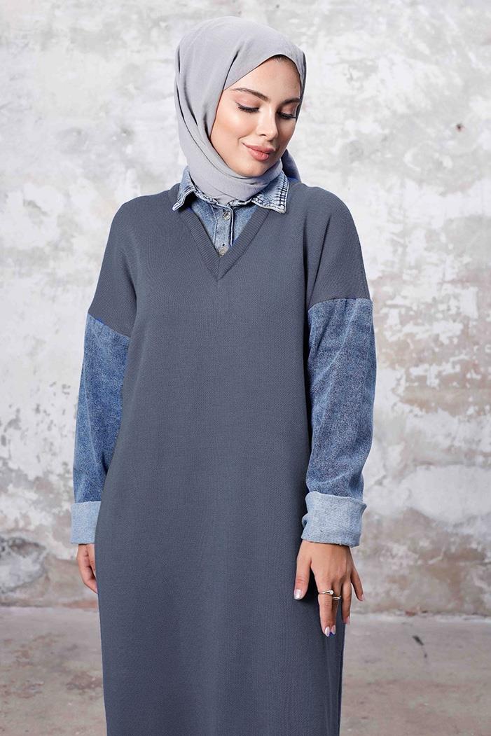 Kot Yaka Triko Elbise 1255 - Antrasit