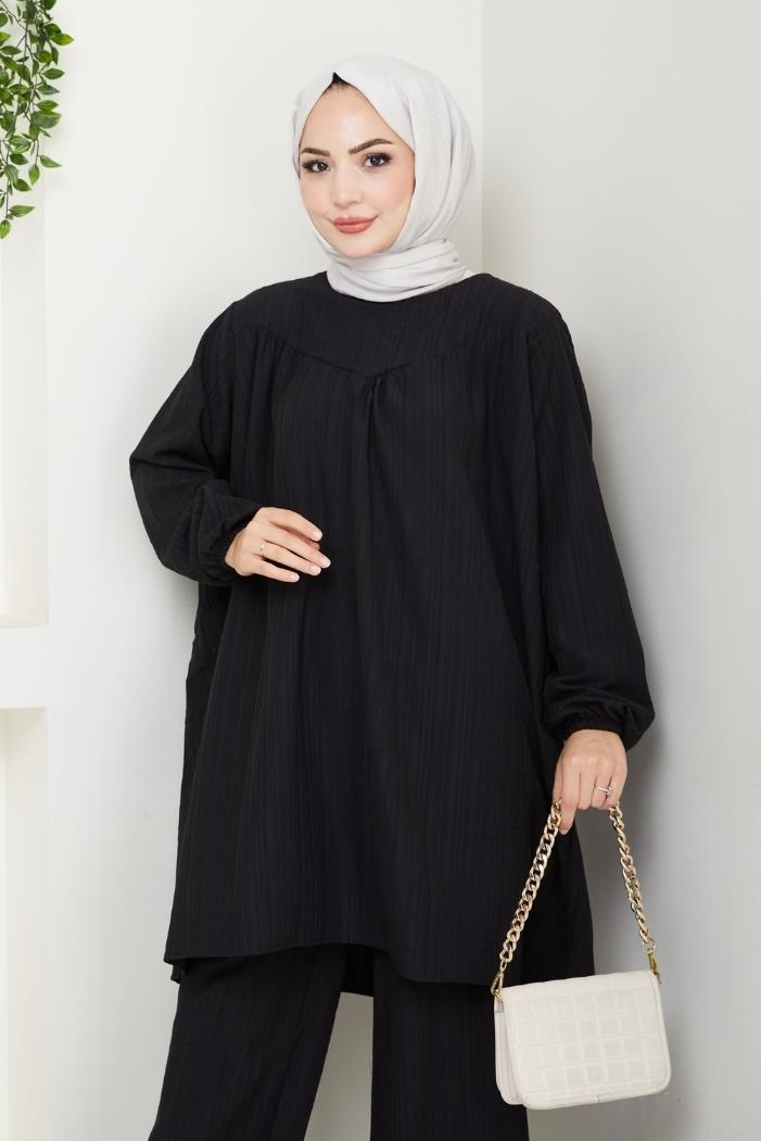 Kraşlı Tunik Pantolon İkili Takım 1546 - Siyah