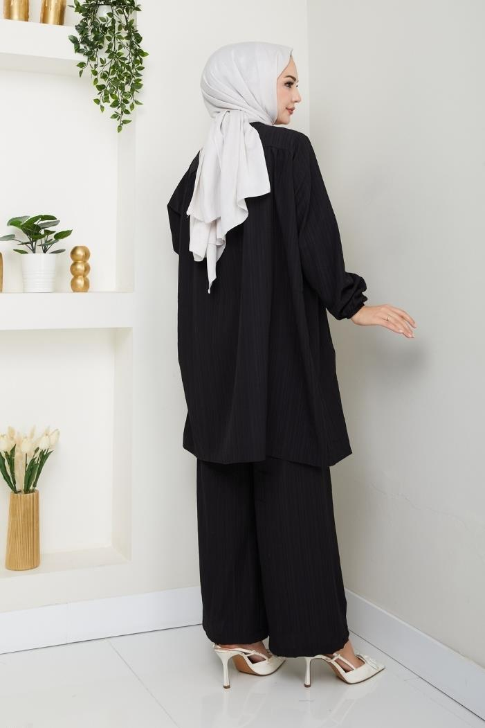 Kraşlı Tunik Pantolon İkili Takım 1546 - Siyah