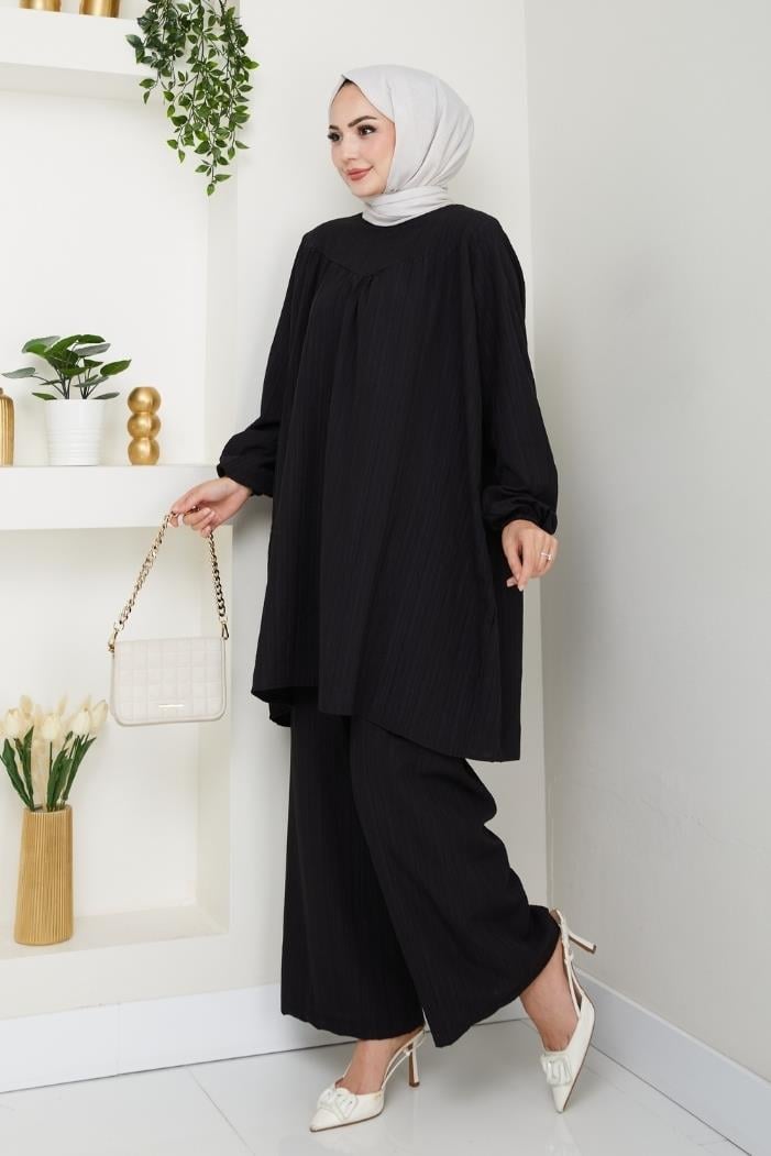 Kraşlı Tunik Pantolon İkili Takım 1546 - Siyah