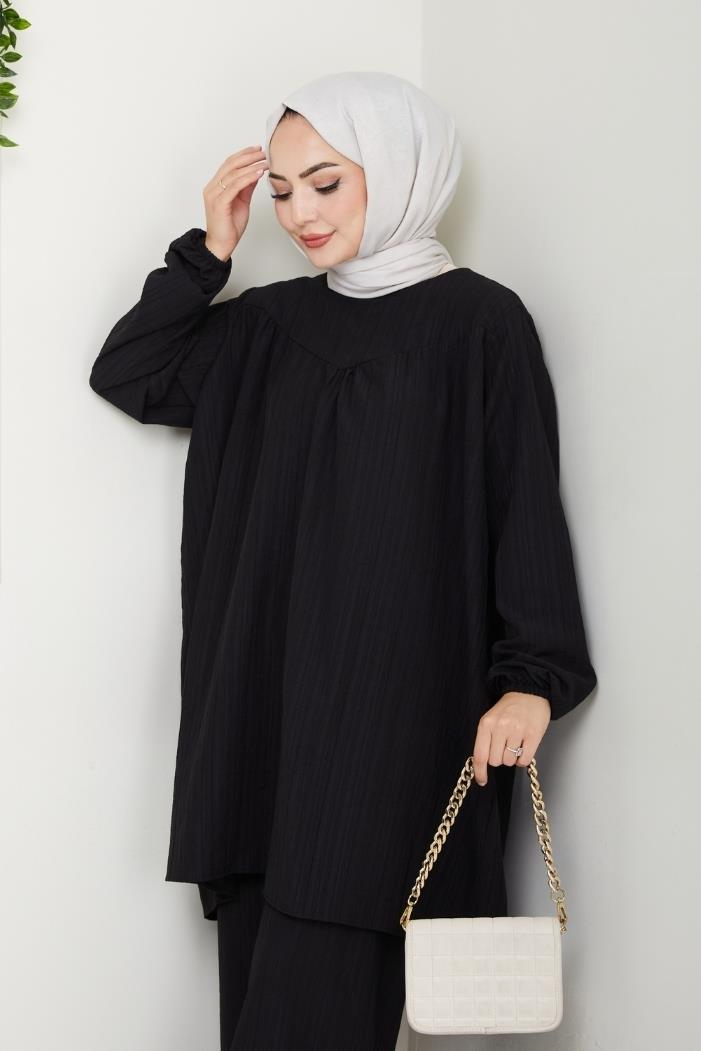 Kraşlı Tunik Pantolon İkili Takım 1546 - Siyah