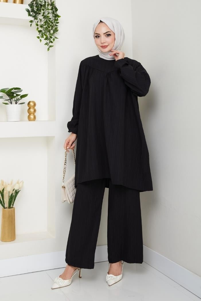 Kraşlı Tunik Pantolon İkili Takım 1546 - Siyah