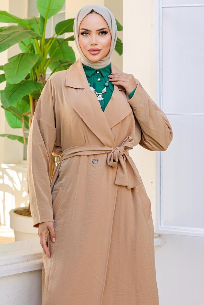 Kruvaze Yaka Kuşaklı Ayrobin Trenç 897 - Vizon