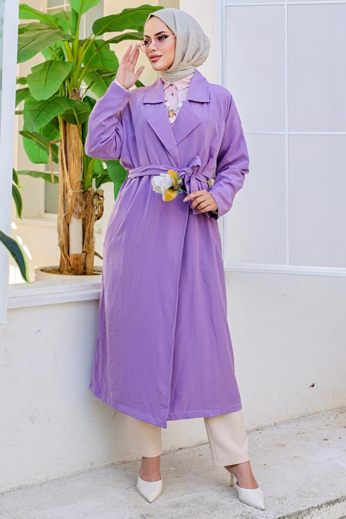 Kruvaze Yaka Kuşaklı Ayrobin Trenç 897 - Lila