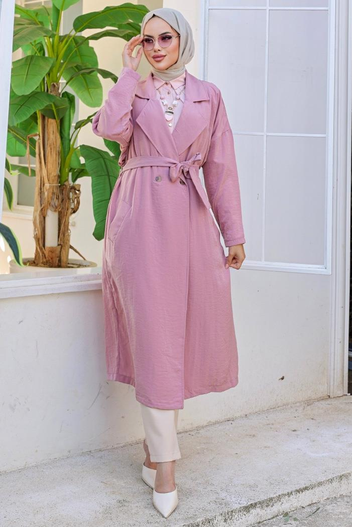 Kruvaze Yaka Kuşaklı Ayrobin Trenç 897 - Pudra