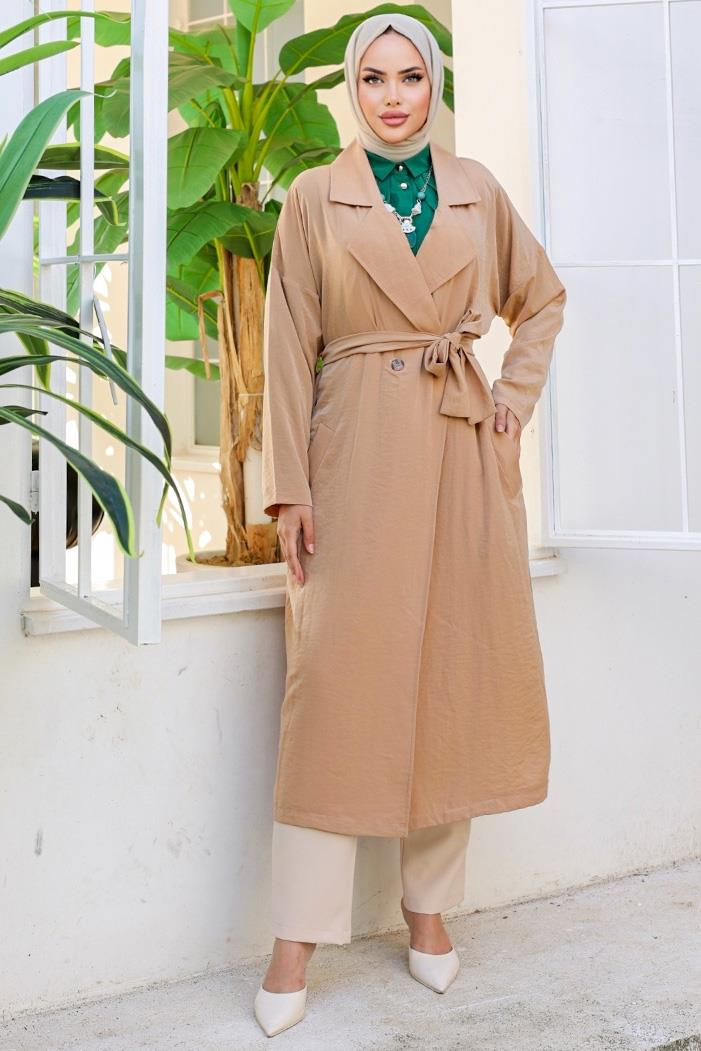 Kruvaze Yaka Kuşaklı Ayrobin Trenç 897 - Vizon