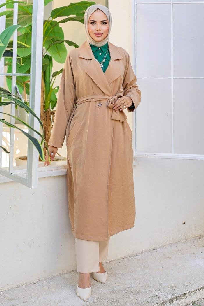 Kruvaze Yaka Kuşaklı Ayrobin Trenç 897 - Vizon