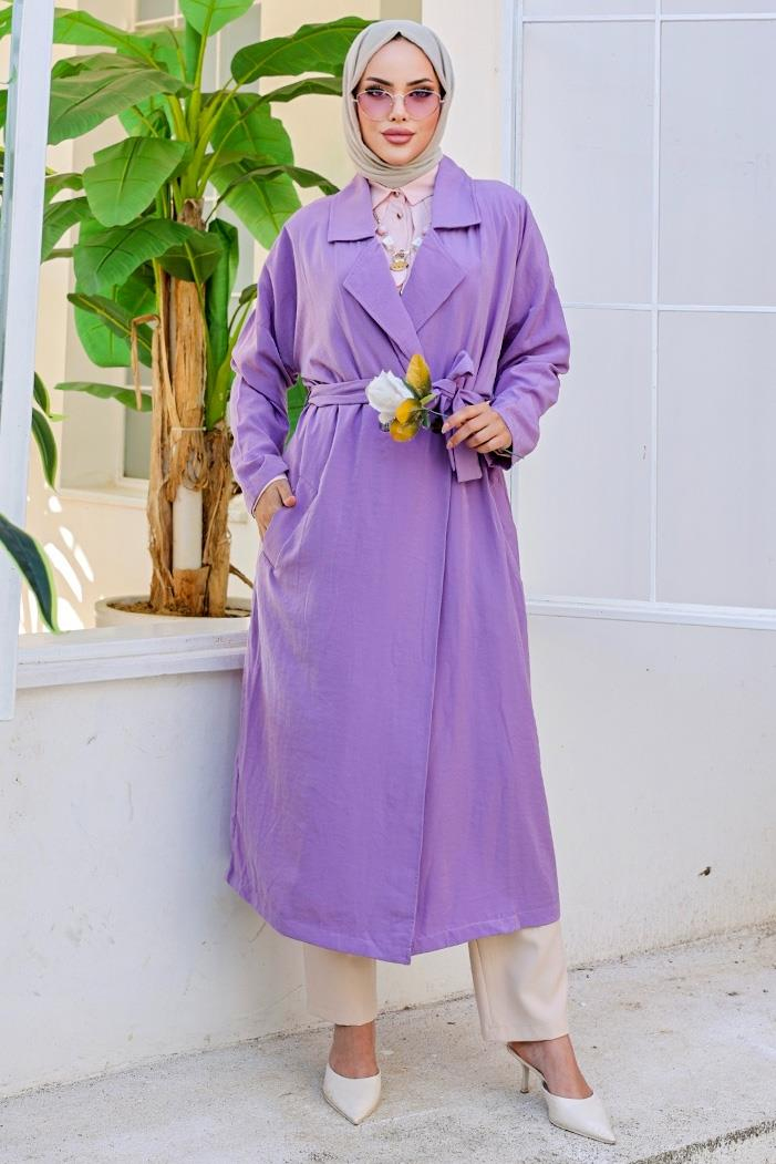 Kruvaze Yaka Kuşaklı Ayrobin Trenç 897 - Lila