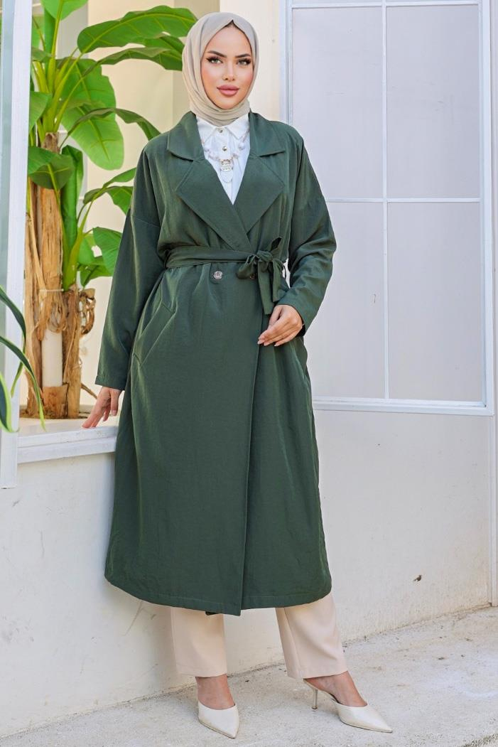 Kruvaze Yaka Kuşaklı Ayrobin Trenç 897 - Haki