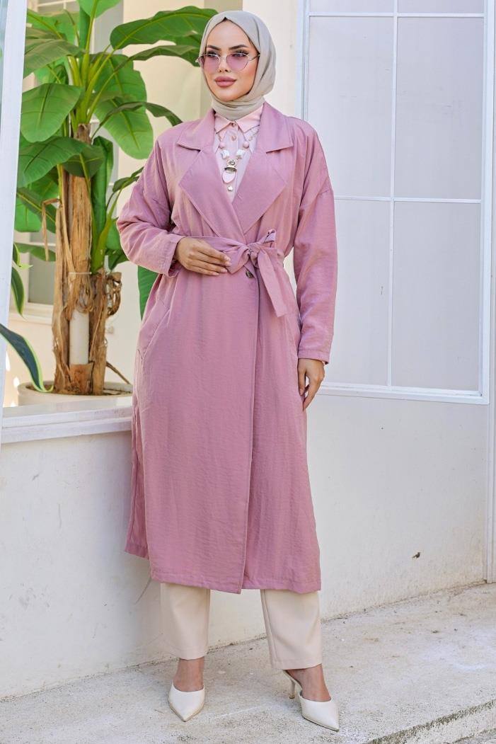 Kruvaze Yaka Kuşaklı Ayrobin Trenç 897 - Pudra