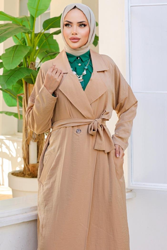 Kruvaze Yaka Kuşaklı Ayrobin Trenç 897 - Vizon