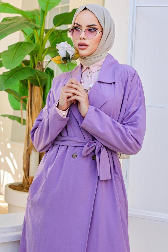 Kruvaze Yaka Kuşaklı Ayrobin Trenç 897 - Lila