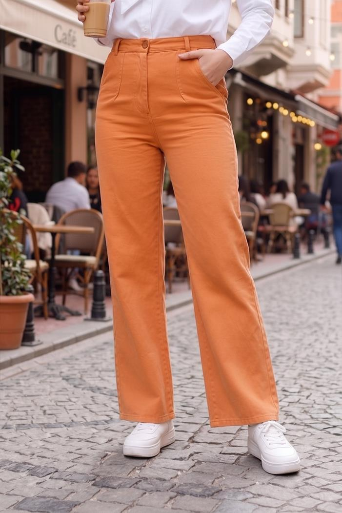 Lastikli Bol Paça Gabardin Pantolon - Camel