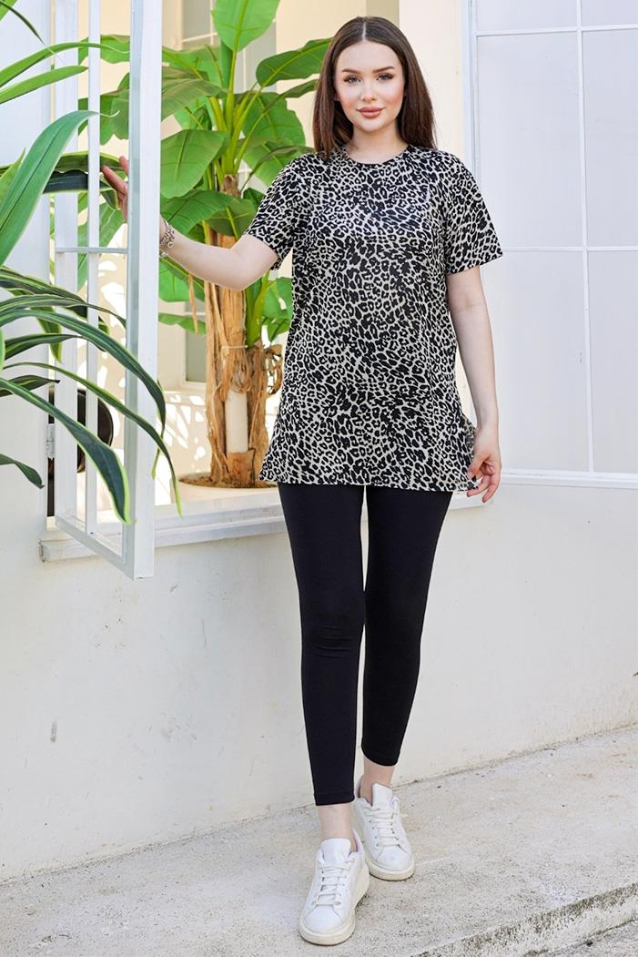Leopar Desen Kısa Kollu Tunik 872 - Taş