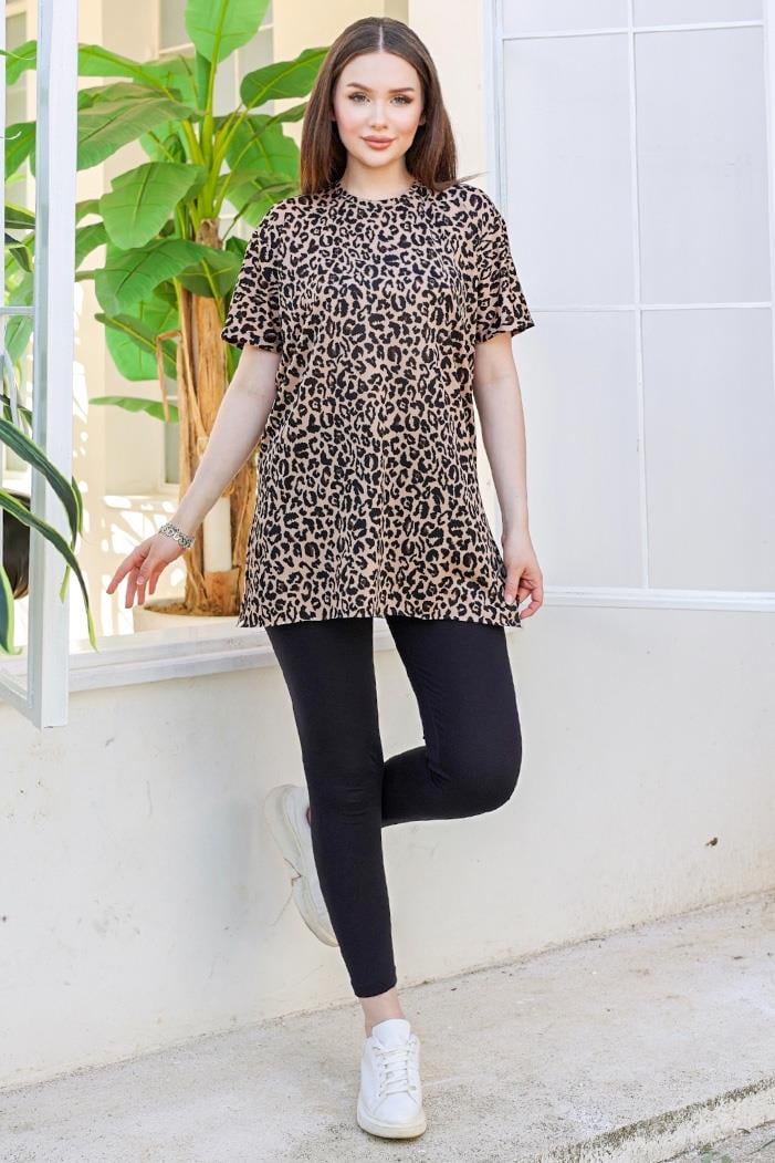 Leopar Desen Kısa Kollu Tunik 872 - Vizon
