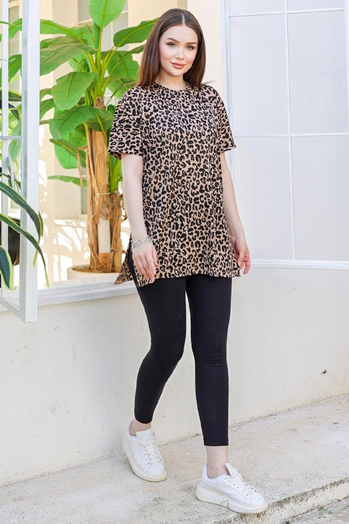 Leopar Desen Kısa Kollu Tunik 872 - Vizon