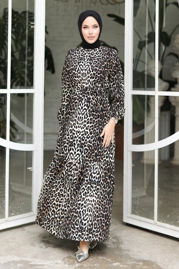 Leopar Desen Kuşaklı Elbise 1308 - Siyah