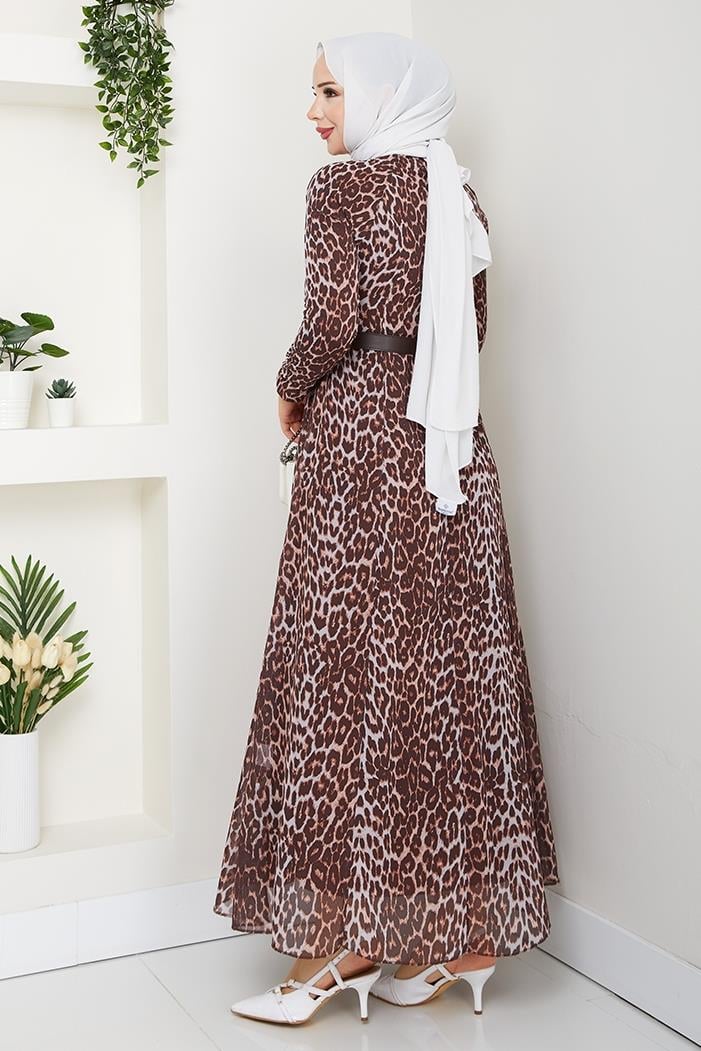 Leopar Desen Şifon Elbise 1350 - Kahve