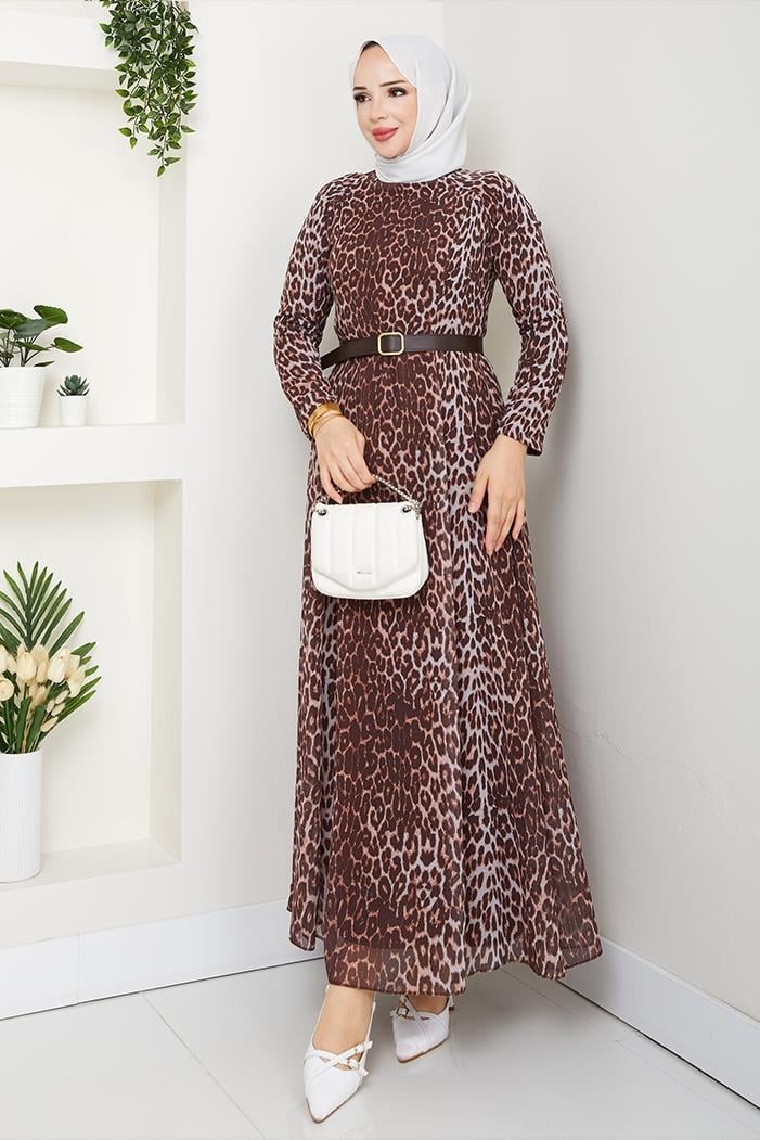 Leopar Desen Şifon Elbise 1350 - Kahve