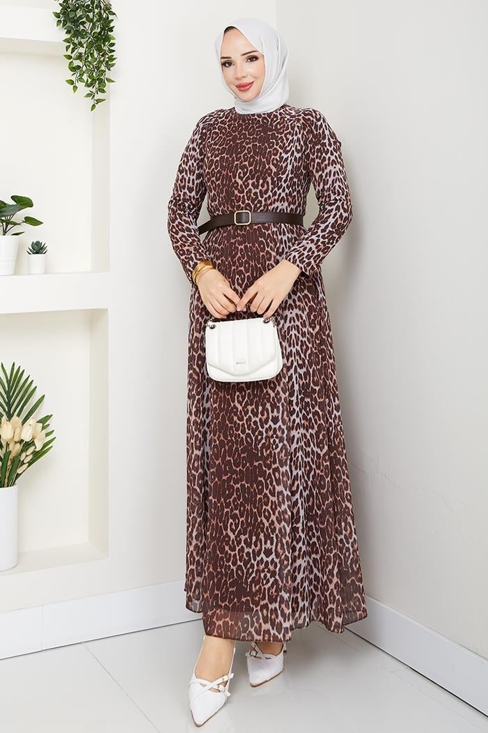 Leopar Desen Şifon Elbise 1350 - Kahve