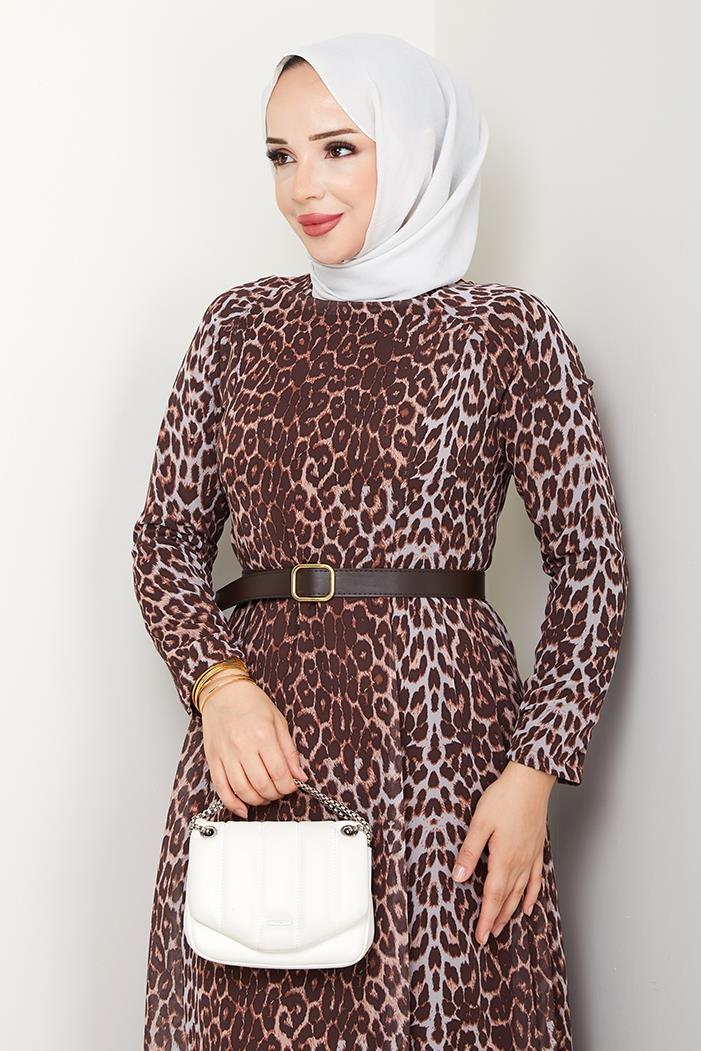 Leopar Desen Şifon Elbise 1350 - Kahve