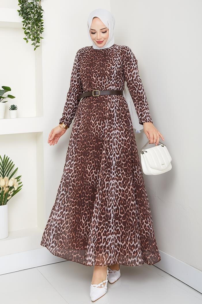Leopar Desen Şifon Elbise 1350 - Kahve