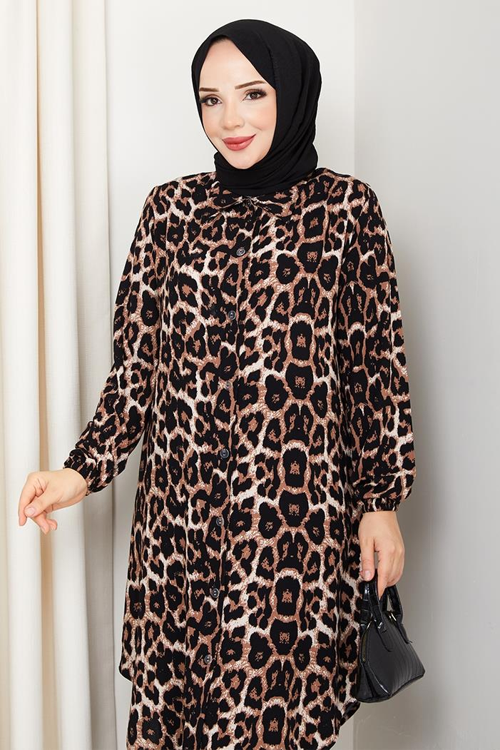 Leopar Desenli Dokuma Viskon İkili Takım 1576 - Siyah