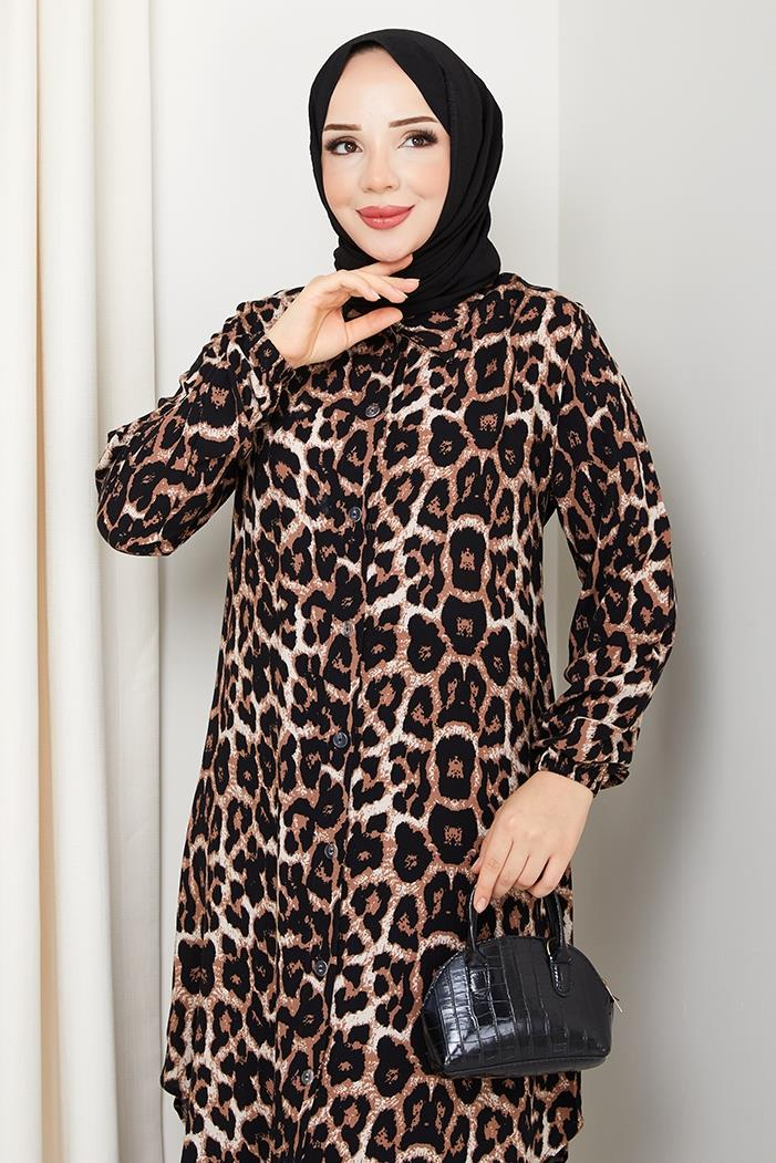 Leopar Desenli Dokuma Viskon İkili Takım 1576 - Siyah