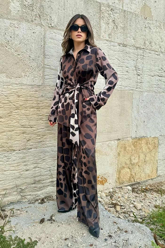 Leopar Desenli Saten İkili Takım 1342 - Kahve