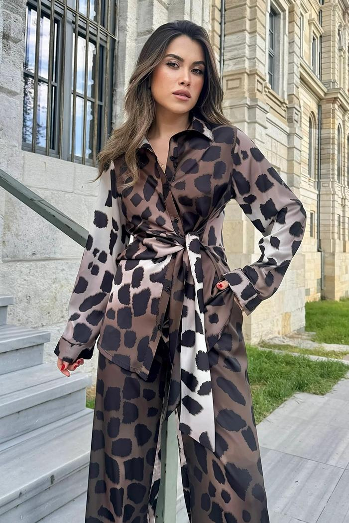 Leopar Desenli Saten İkili Takım 1342 - Kahve