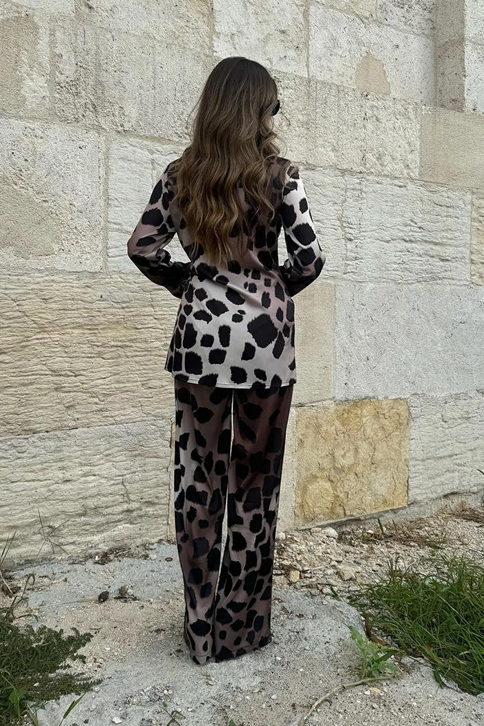 Leopar Desenli Saten İkili Takım 1342 - Kahve