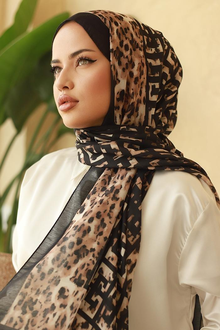 Leopar Desenli Soft Şal 610 - Siyah