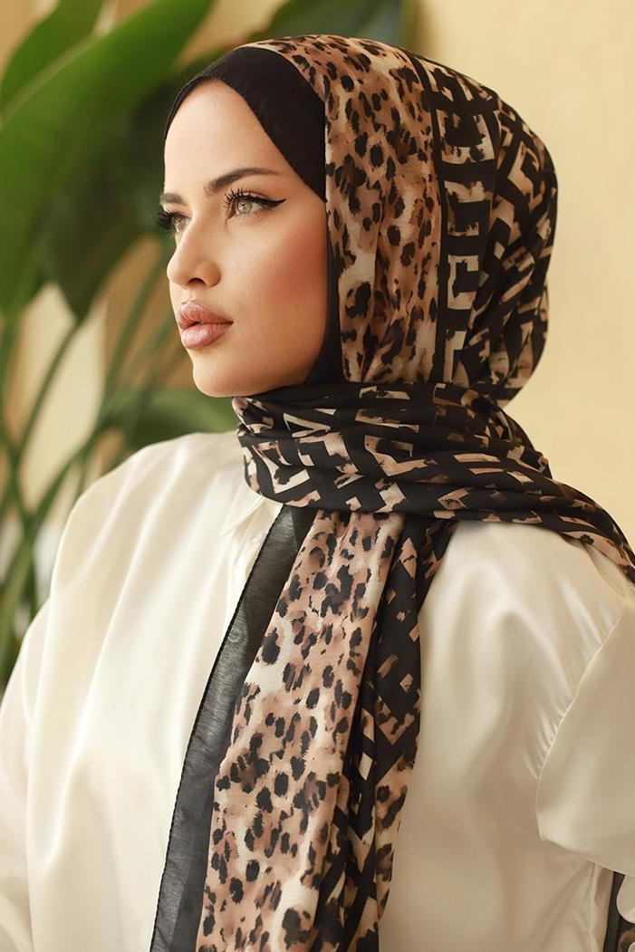 Leopar Desenli Soft Şal 610 - Siyah