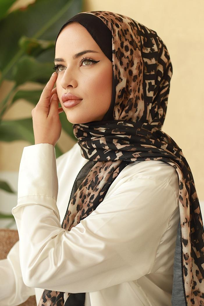 Leopar Desenli Soft Şal 610 - Siyah