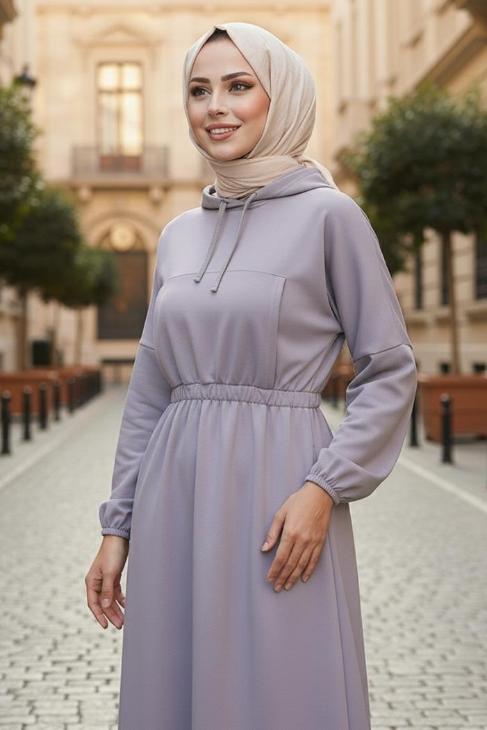 Lidya Beli Lastikli Kapüşonlu Tesettür Elbise 586 - Gri