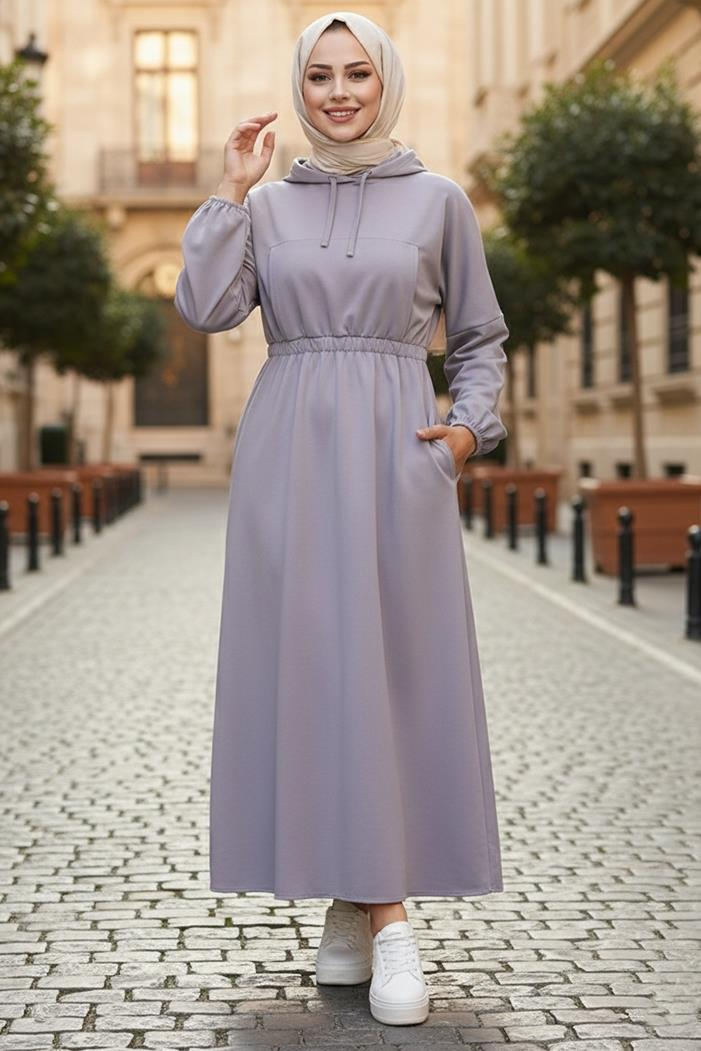 Lidya Beli Lastikli Kapüşonlu Tesettür Elbise 586 - Gri