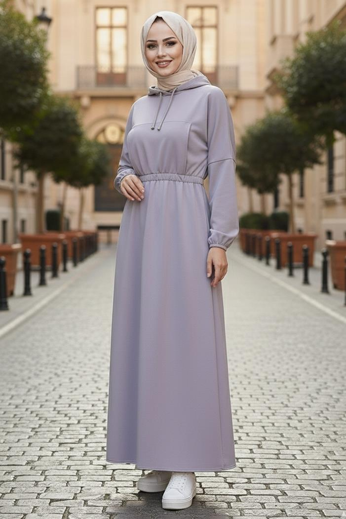 Lidya Beli Lastikli Kapüşonlu Tesettür Elbise 586 - Gri