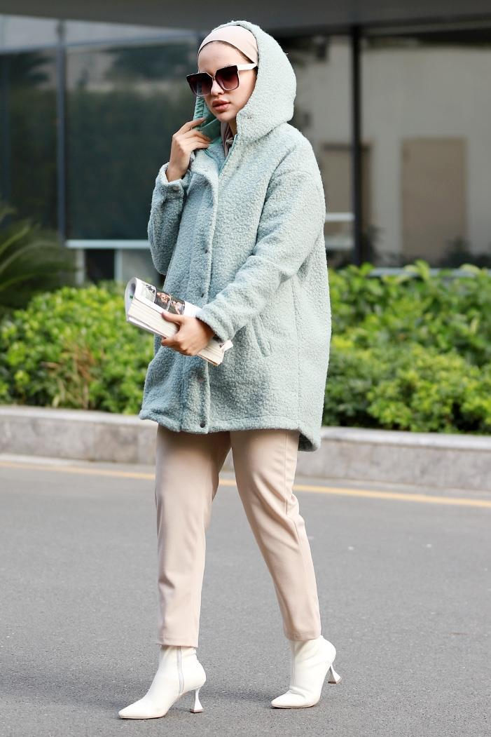 Mari Kapüşonlu Tesettür Kap 643 - Mint