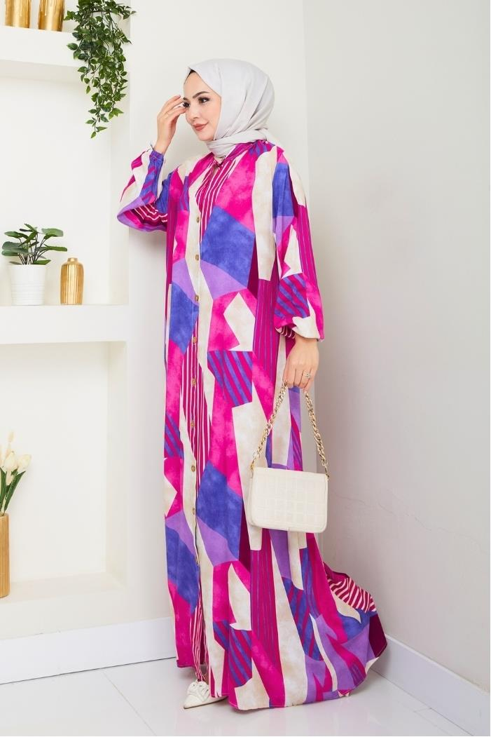 Milaz Boydan Düğmeli Dokuma Viskon Elbise 1501 - Fuşya