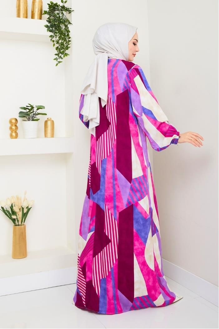 Milaz Boydan Düğmeli Dokuma Viskon Elbise 1501 - Fuşya