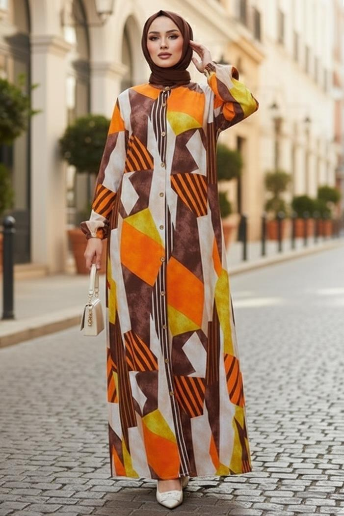 Milaz Boydan Düğmeli Dokuma Viskon Elbise 1501 - Turuncu