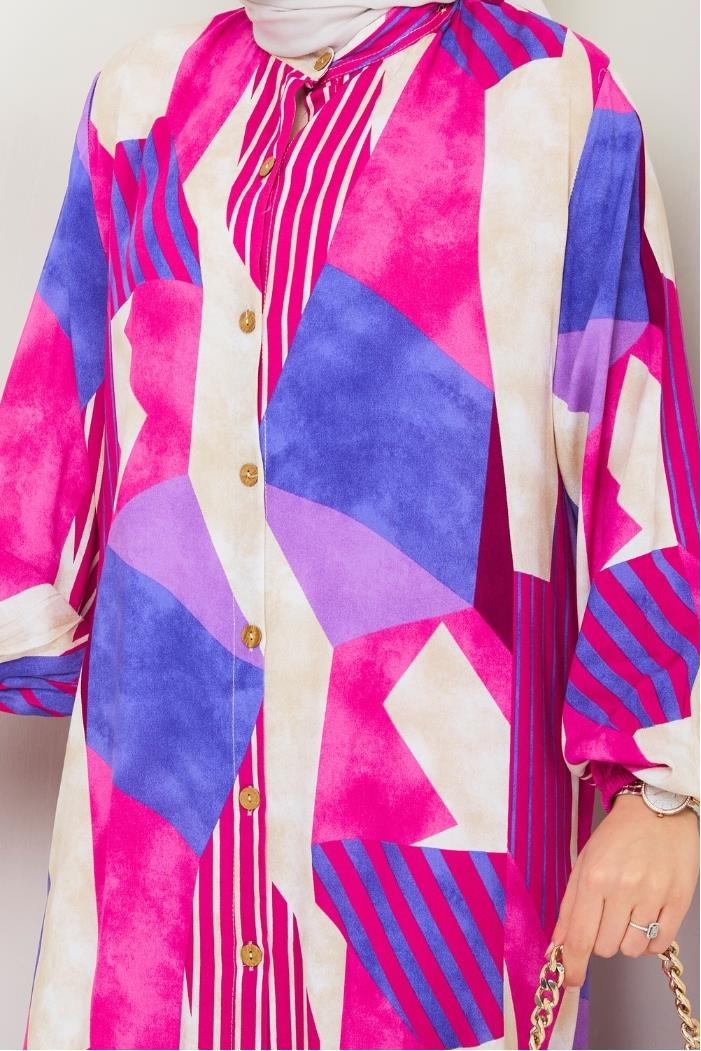 Milaz Boydan Düğmeli Dokuma Viskon Elbise 1501 - Fuşya