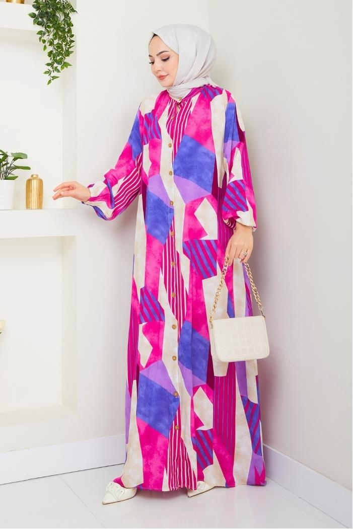 Milaz Boydan Düğmeli Dokuma Viskon Elbise 1501 - Fuşya