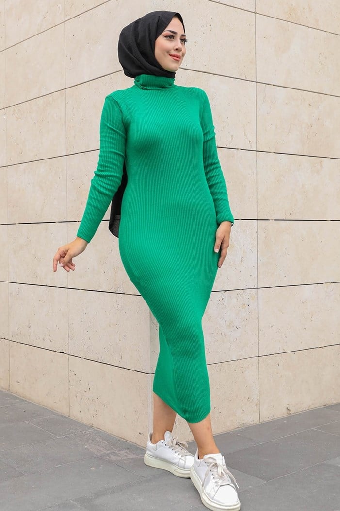 Mira Balıkçı Yaka Badi Tesettür Triko Elbise 326 - Yeşil