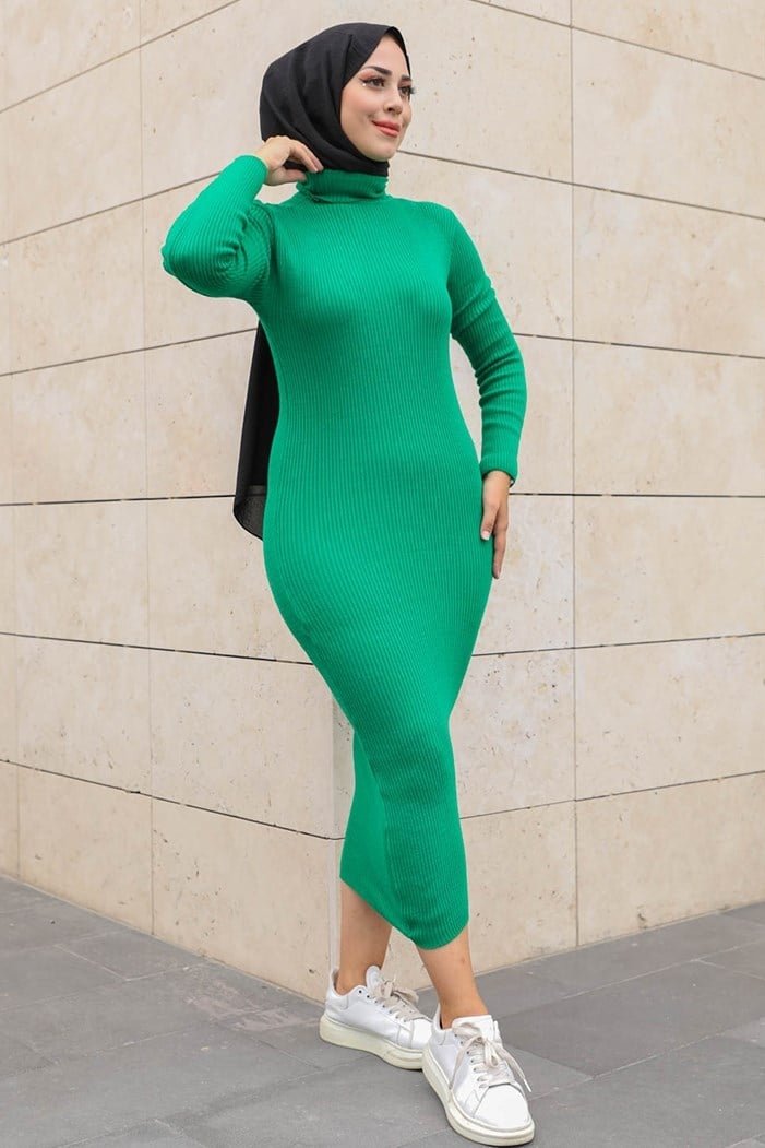 Mira Balıkçı Yaka Badi Tesettür Triko Elbise 326 - Yeşil
