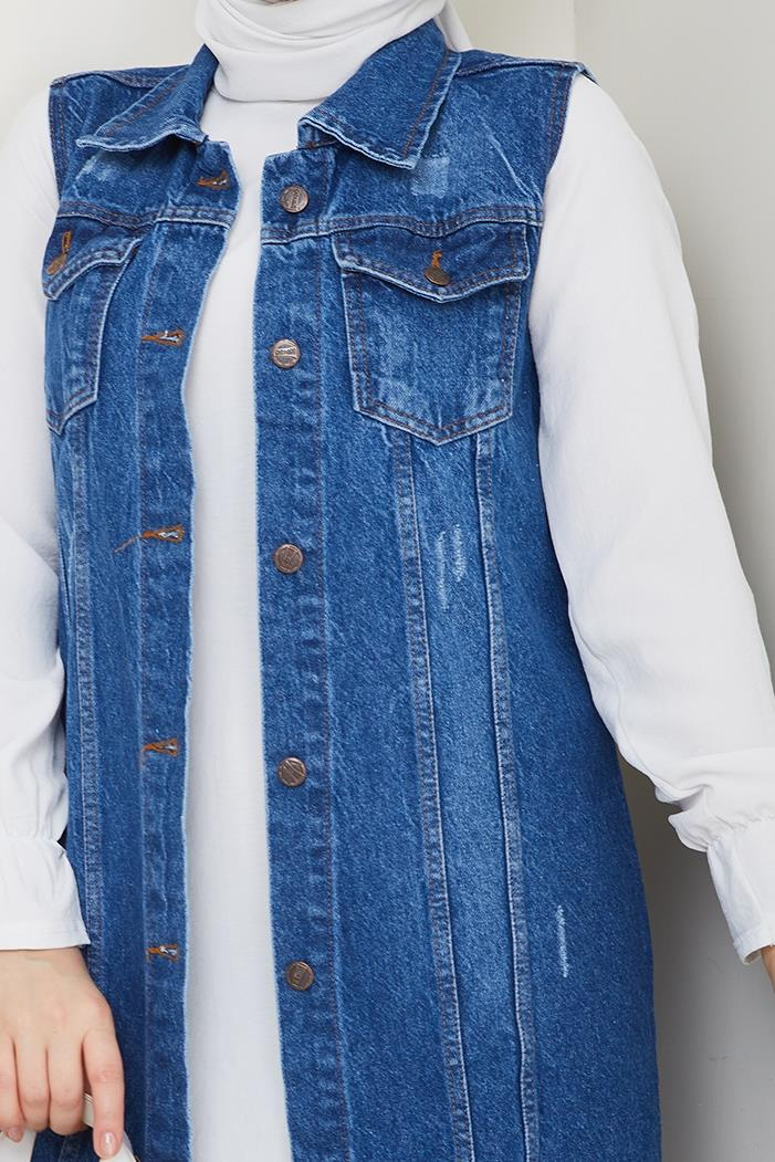 Nesa Püsküllü Kot Yelek 1527 - Mavi