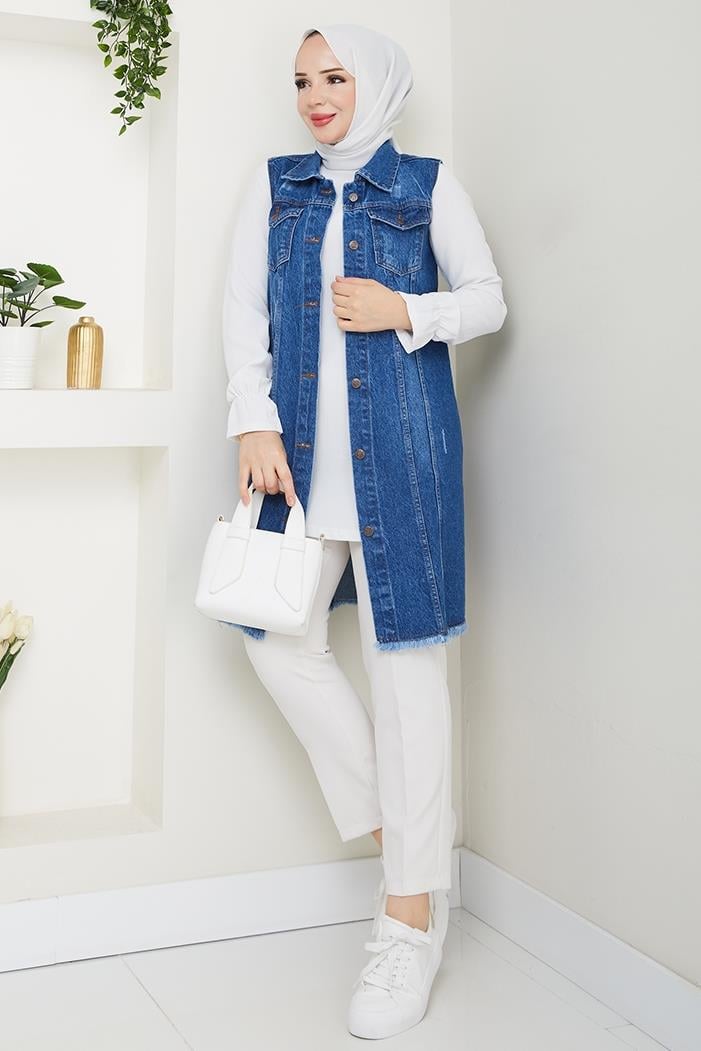 Nesa Püsküllü Kot Yelek 1527 - Mavi