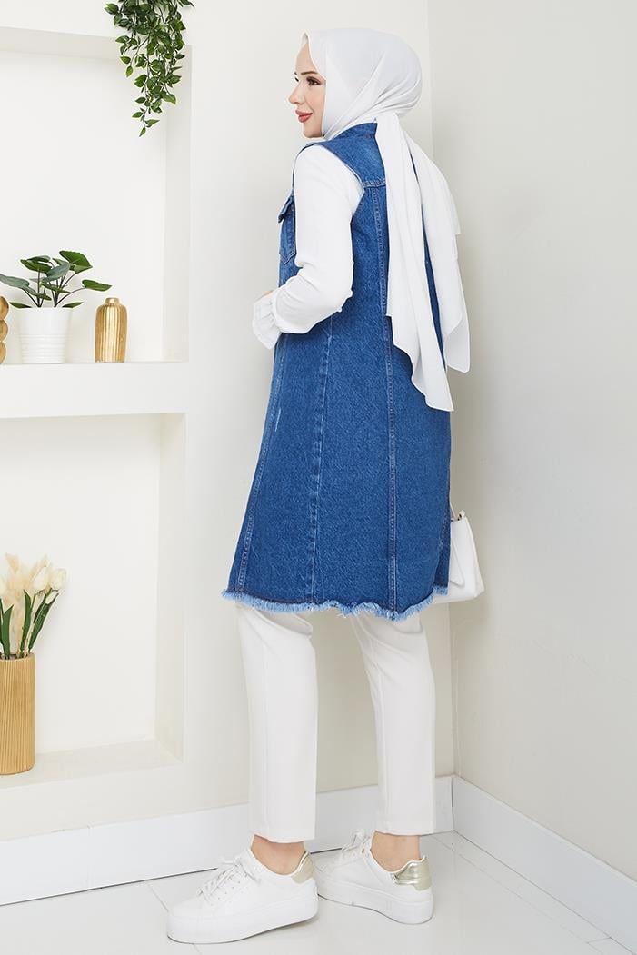 Nesa Püsküllü Kot Yelek 1527 - Mavi